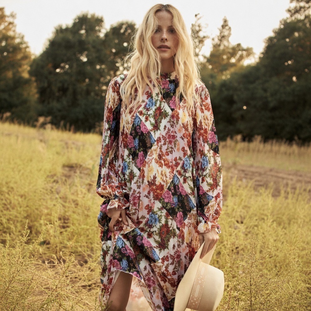 Maeve‎ Anthropologie Shara Pleated Midi Dress Floral Patchwork Multi Color Large